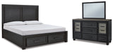 Foyland California King Panel Storage Bed with Mirrored Dresser in Black/Brown from Ashley - Luna Furniture