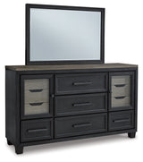 Foyland King Panel Storage Bed with Mirrored Dresser and Chest in Black/Brown from Ashley - Luna Furniture