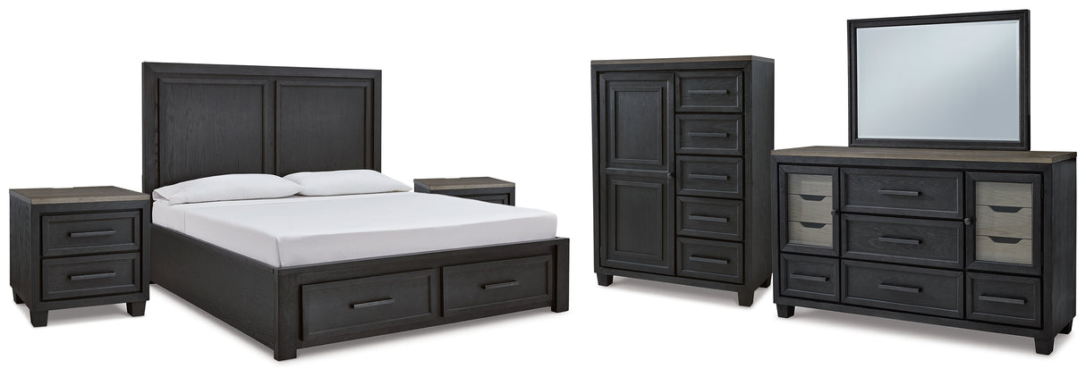 Foyland King Panel Storage Bed with Mirrored Dresser, Chest and 2 Nightstands in Black/Brown from Ashley - Luna Furniture