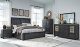 Foyland King Panel Storage Bed with Mirrored Dresser, Chest and 2 Nightstands in Black/Brown from Ashley - Luna Furniture