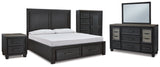 Foyland King Panel Storage Bed with Mirrored Dresser, Chest and Nightstand in Black/Brown from Ashley - Luna Furniture