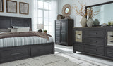 Foyland King Panel Storage Bed with Mirrored Dresser, Chest and Nightstand in Black/Brown from Ashley - Luna Furniture