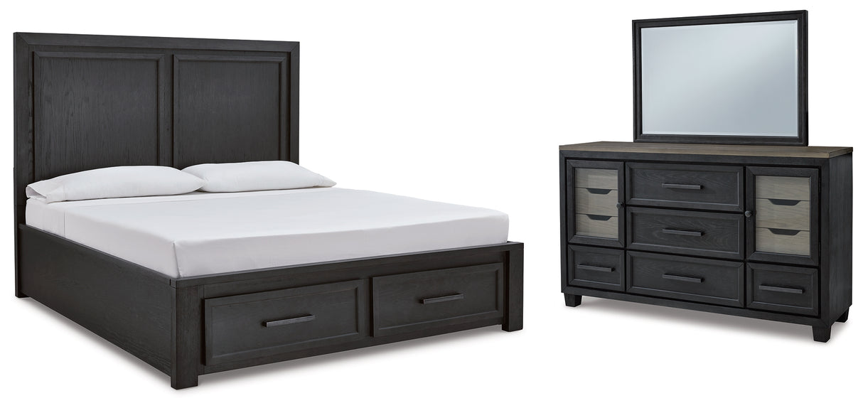 Foyland King Panel Storage Bed with Mirrored Dresser in Black/Brown from Ashley - Luna Furniture