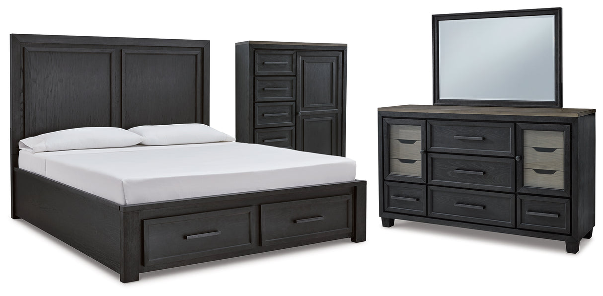 Foyland Queen Panel Storage Bed with Mirrored Dresser and Chest in Black/Brown from Ashley - Luna Furniture