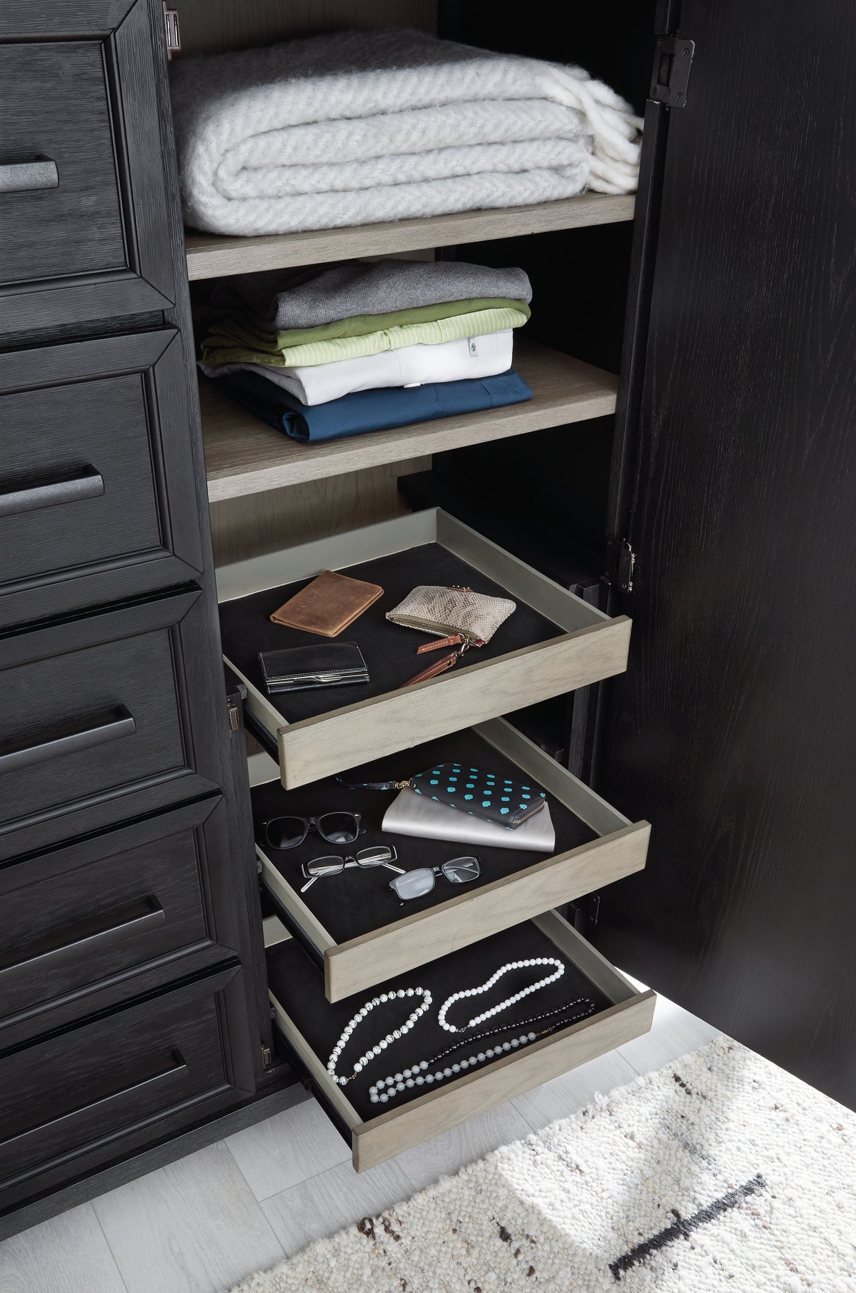 Foyland Queen Panel Storage Bed with Mirrored Dresser and Chest in Black/Brown from Ashley - Luna Furniture