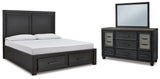 Foyland Queen Panel Storage Bed with Mirrored Dresser in Black/Brown from Ashley - Luna Furniture