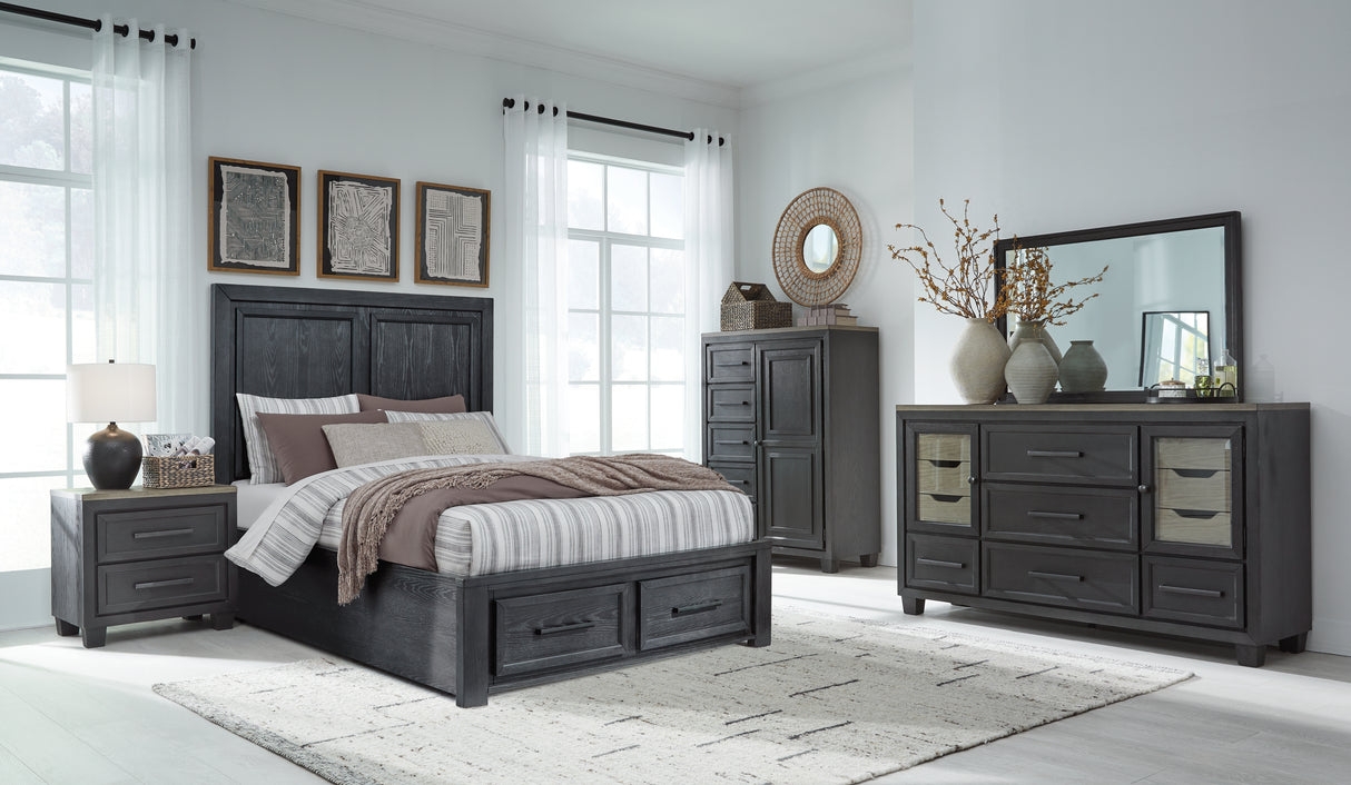 Foyland Queen Panel Storage Bed with Mirrored Dresser in Black/Brown from Ashley - Luna Furniture