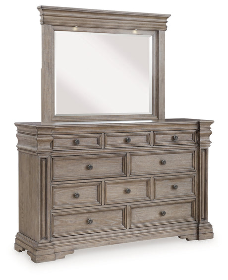 Blairhurst California King Panel Bed with Mirrored Dresser and Nightstand in Light Grayish Brown - PKG017012