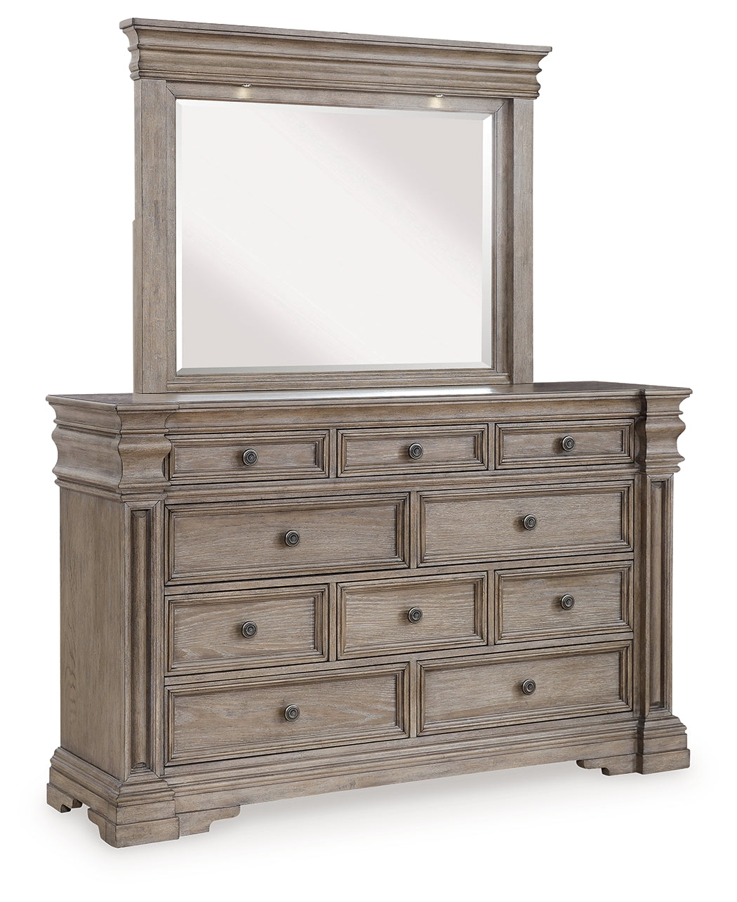 Blairhurst California King Panel Bed with Mirrored Dresser, Chest and 2 Nightstands in Light Grayish Brown - PKG017011