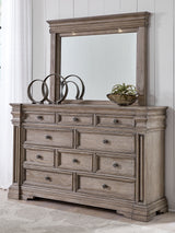 Blairhurst California King Panel Bed with Mirrored Dresser, Chest and 2 Nightstands in Light Grayish Brown - PKG017011