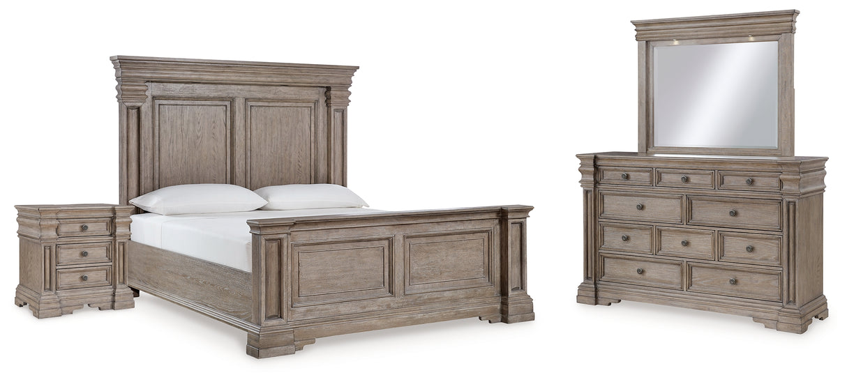 Blairhurst California King Panel Bed with Mirrored Dresser, Chest and 2 Nightstands in Light Grayish Brown - PKG017011