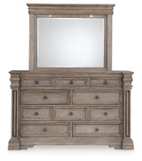 Blairhurst California King Panel Bed with Mirrored Dresser, Chest and 2 Nightstands in Light Grayish Brown - PKG017011