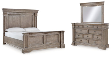 Blairhurst California King Panel Bed with Mirrored Dresser in Light Grayish Brown - PKG017009