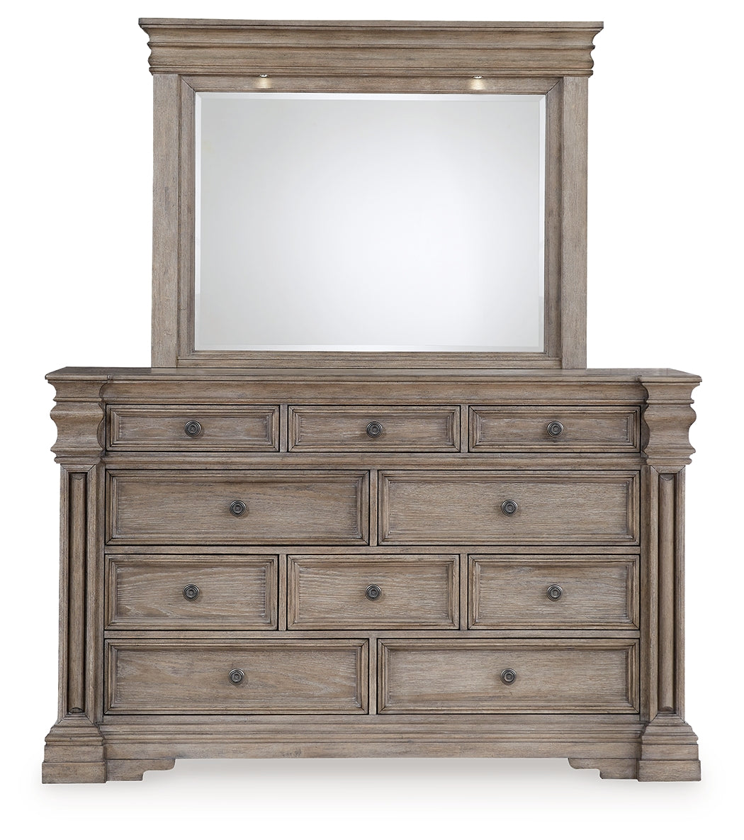 Blairhurst King Panel Bed with Mirrored Dresser and Nightstand in Light Grayish Brown - PKG017003