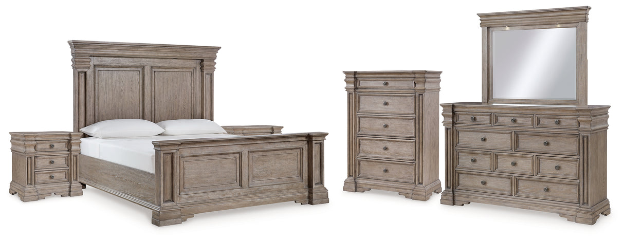 Blairhurst King Panel Bed with Mirrored Dresser, Chest and 2 Nightstands in Light Grayish Brown - PKG017002