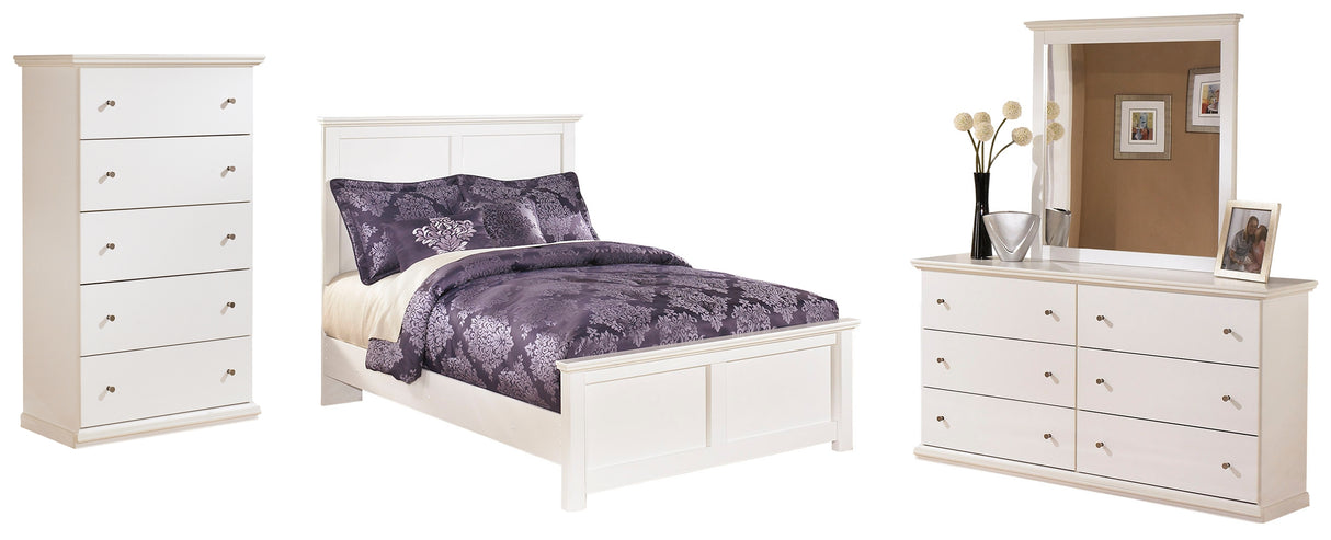 Bostwick Shoals Full Panel Bed with Mirrored Dresser and 2 Nightstands in White - PKG002774