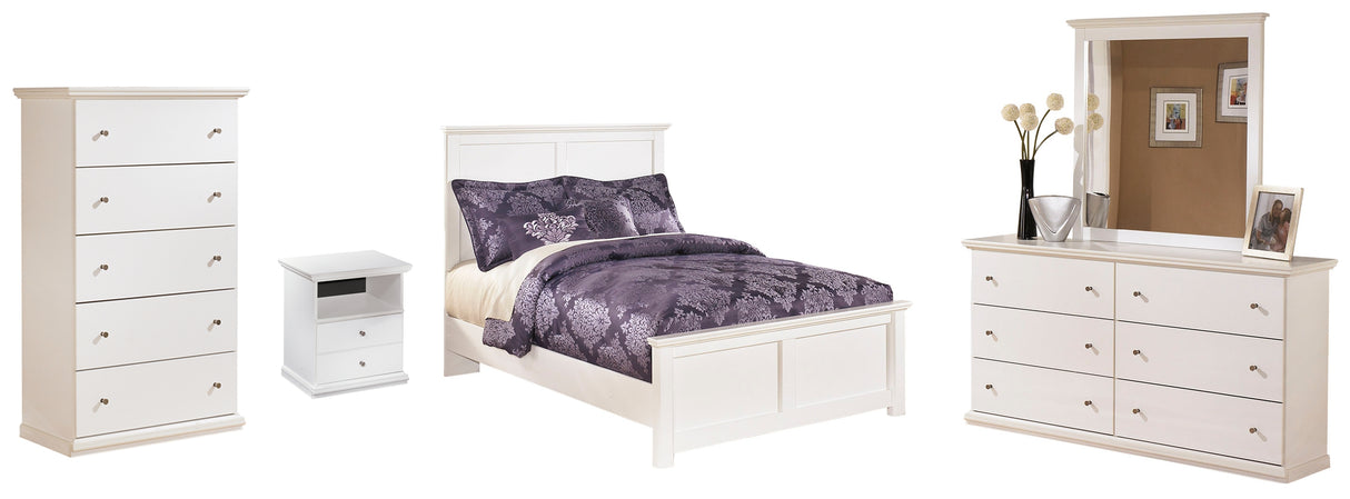 Bostwick Shoals Full Panel Bed with Mirrored Dresser and Chest in White - PKG002775