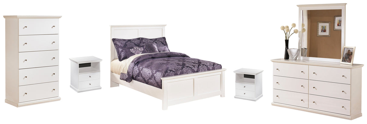 Bostwick Shoals Full Panel Bed with Mirrored Dresser, Chest and Nightstand in White - PKG002776