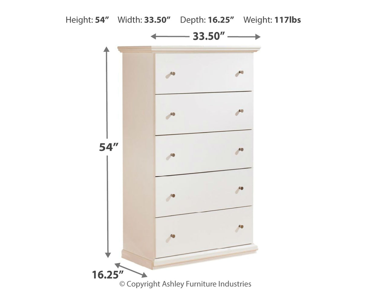 Bostwick Shoals Full Panel Bed with Mirrored Dresser, Chest and Nightstand in White - PKG002776