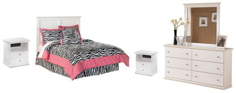 Bostwick Shoals Full Panel Headboard Bed with Mirrored Dresser and 2 Nightstands in White - PKG002764