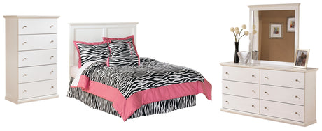 Bostwick Shoals Full Panel Headboard Bed with Mirrored Dresser and Chest in White - PKG002766