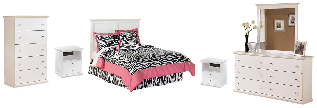 Bostwick Shoals Full Panel Headboard Bed with Mirrored Dresser, Chest and 2 Nightstands in White - PKG002770