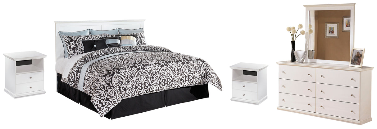 Bostwick Shoals King/California King Panel Headboard Bed with Mirrored Dresser and 2 Nightstands in White - PKG002744