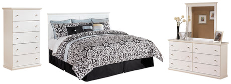 Bostwick Shoals King/California King Panel Headboard Bed with Mirrored Dresser and Chest in White - PKG002746