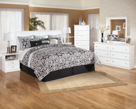 Bostwick Shoals King/California King Panel Headboard Bed with Mirrored Dresser, Chest and 2 Nightstands in White - PKG002750