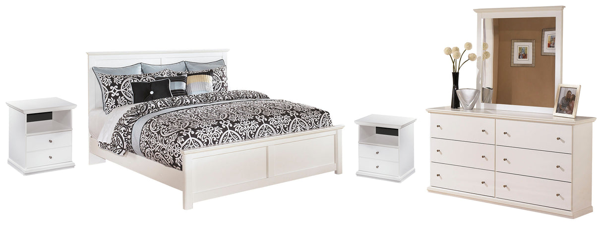 Bostwick Shoals King Panel Bed with Mirrored Dresser and 2 Nightstands in White - PKG002780