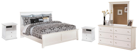 Bostwick Shoals King Panel Bed with Mirrored Dresser and 2 Nightstands in White - PKG002780