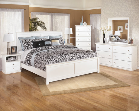 Bostwick Shoals King Panel Bed with Mirrored Dresser, Chest and Nightstand in White - PKG002781