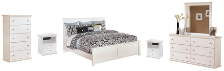 Bostwick Shoals King Panel Bed with Mirrored Dresser, Chest and Nightstand in White - PKG002781