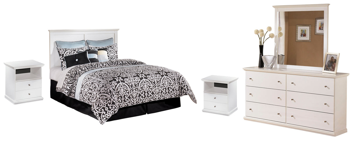 Bostwick Shoals Queen/Full Panel Headboard Bed with Mirrored Dresser and 2 Nightstands in White - PKG002734