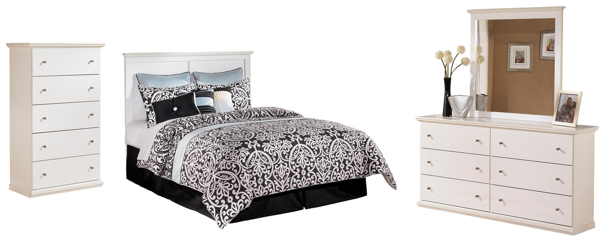 Bostwick Shoals Queen/Full Panel Headboard Bed with Mirrored Dresser and Chest in White - PKG002736