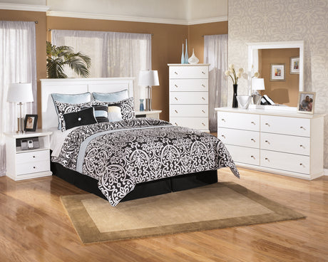 Bostwick Shoals Queen/Full Panel Headboard Bed with Mirrored Dresser, Chest and 2 Nightstands in White - PKG002739