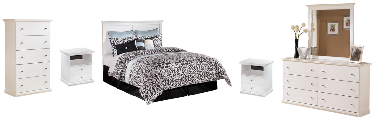 Bostwick Shoals Queen/Full Panel Headboard Bed with Mirrored Dresser, Chest and 2 Nightstands in White - PKG002739