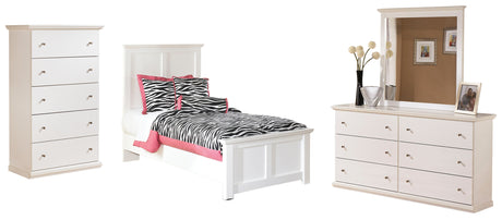 Bostwick Shoals Twin Panel Bed with Mirrored Dresser and 2 Nightstands in White - PKG002791