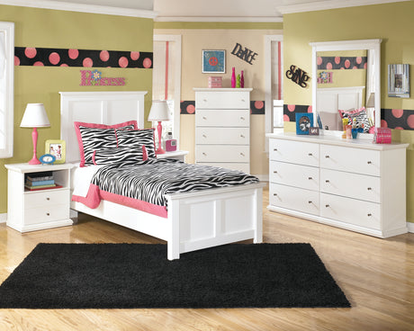 Bostwick Shoals Twin Panel Bed with Mirrored Dresser and Chest in White - PKG002792