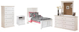 Bostwick Shoals Twin Panel Bed with Mirrored Dresser and Chest in White - PKG002792