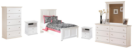 Bostwick Shoals Twin Panel Bed with Mirrored Dresser, Chest and Nightstand in White - PKG002793