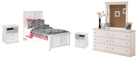 Bostwick Shoals Twin Panel Bed with Mirrored Dresser in White - PKG002790