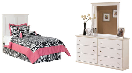 Bostwick Shoals Twin Panel Headboard Bed with Mirrored Dresser in White - PKG002723