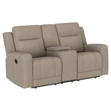 Brentwood Upholstered Motion Reclining Loveseat with Console Taupe from Coaster - Luna Furniture