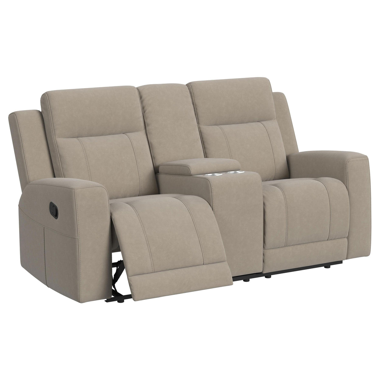 Brentwood Upholstered Motion Reclining Loveseat with Console Taupe from Coaster - Luna Furniture