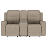 Brentwood Upholstered Motion Reclining Loveseat with Console Taupe from Coaster - Luna Furniture