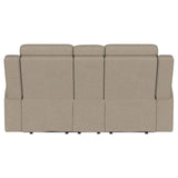 Brentwood Upholstered Motion Reclining Loveseat with Console Taupe from Coaster - Luna Furniture