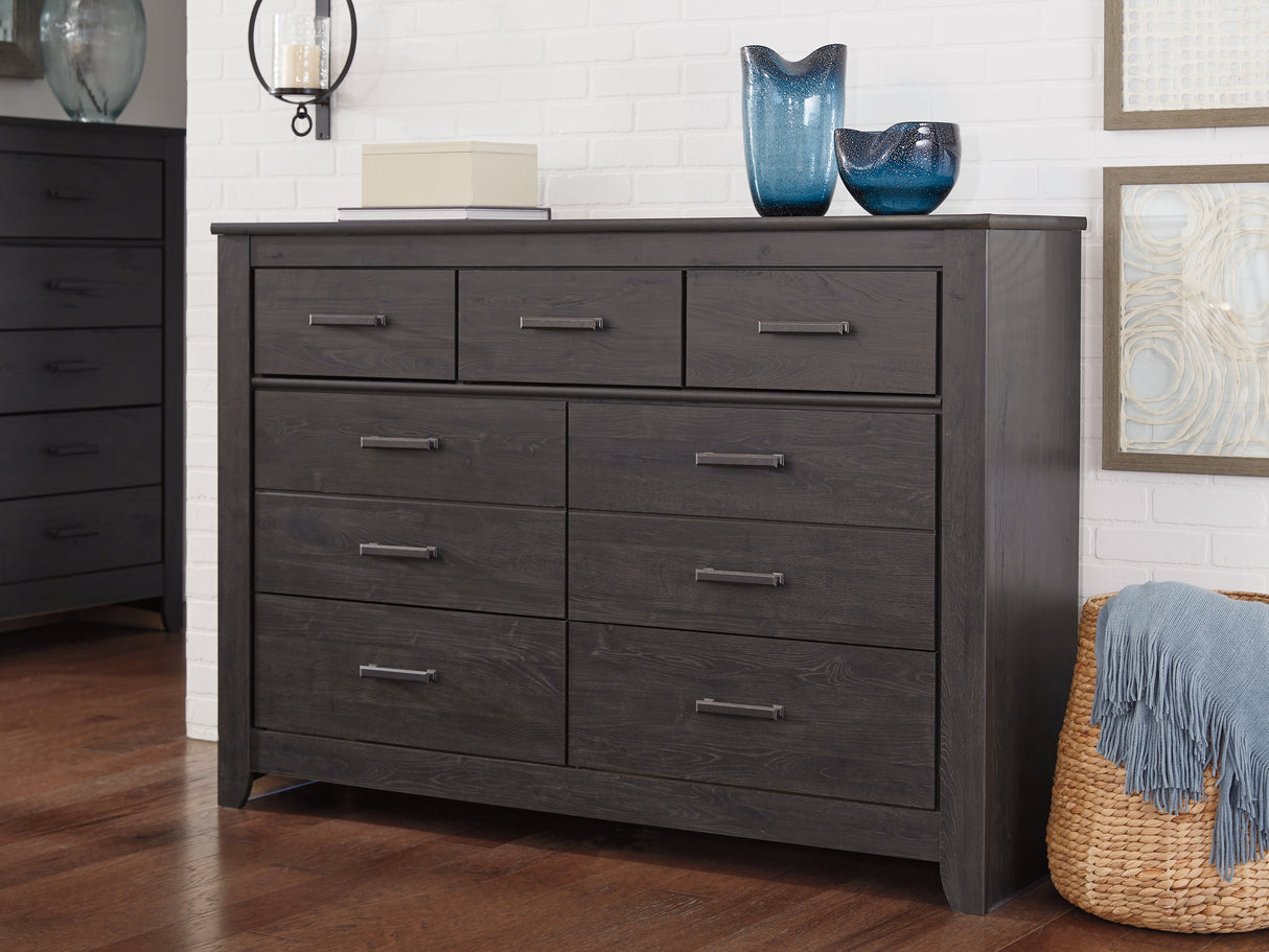 Brinxton Full Panel Headboard Bed with Mirrored Dresser and Chest in Charcoal from Ashley - Luna Furniture