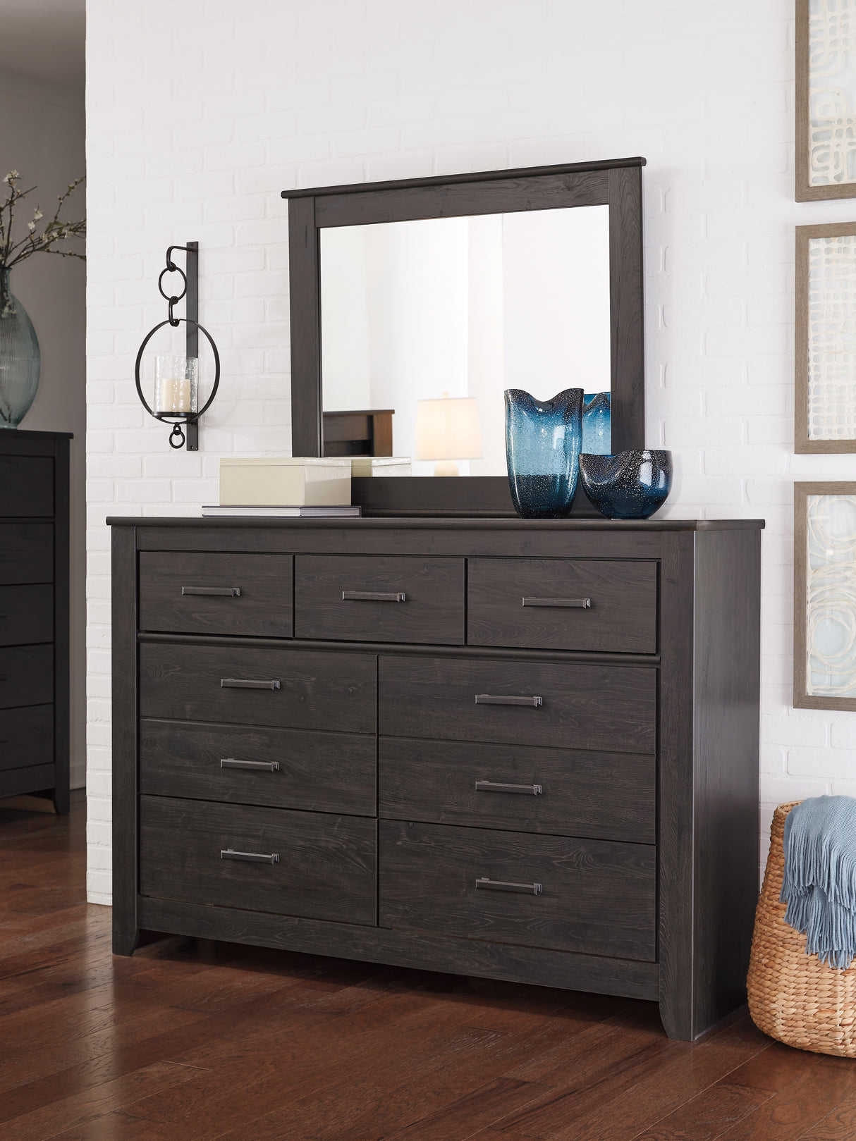 Brinxton Full Panel Headboard Bed with Mirrored Dresser, Chest and 2 Nightstands in Charcoal from Ashley - Luna Furniture