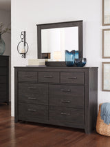 Brinxton Full Panel Headboard Bed with Mirrored Dresser, Chest and 2 Nightstands in Charcoal from Ashley - Luna Furniture